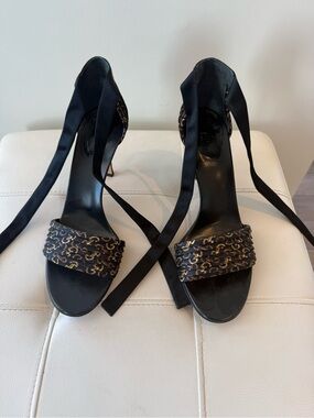 Gucci Black Satin Ankle-Tie Heels with Gold Chain-Link Detail